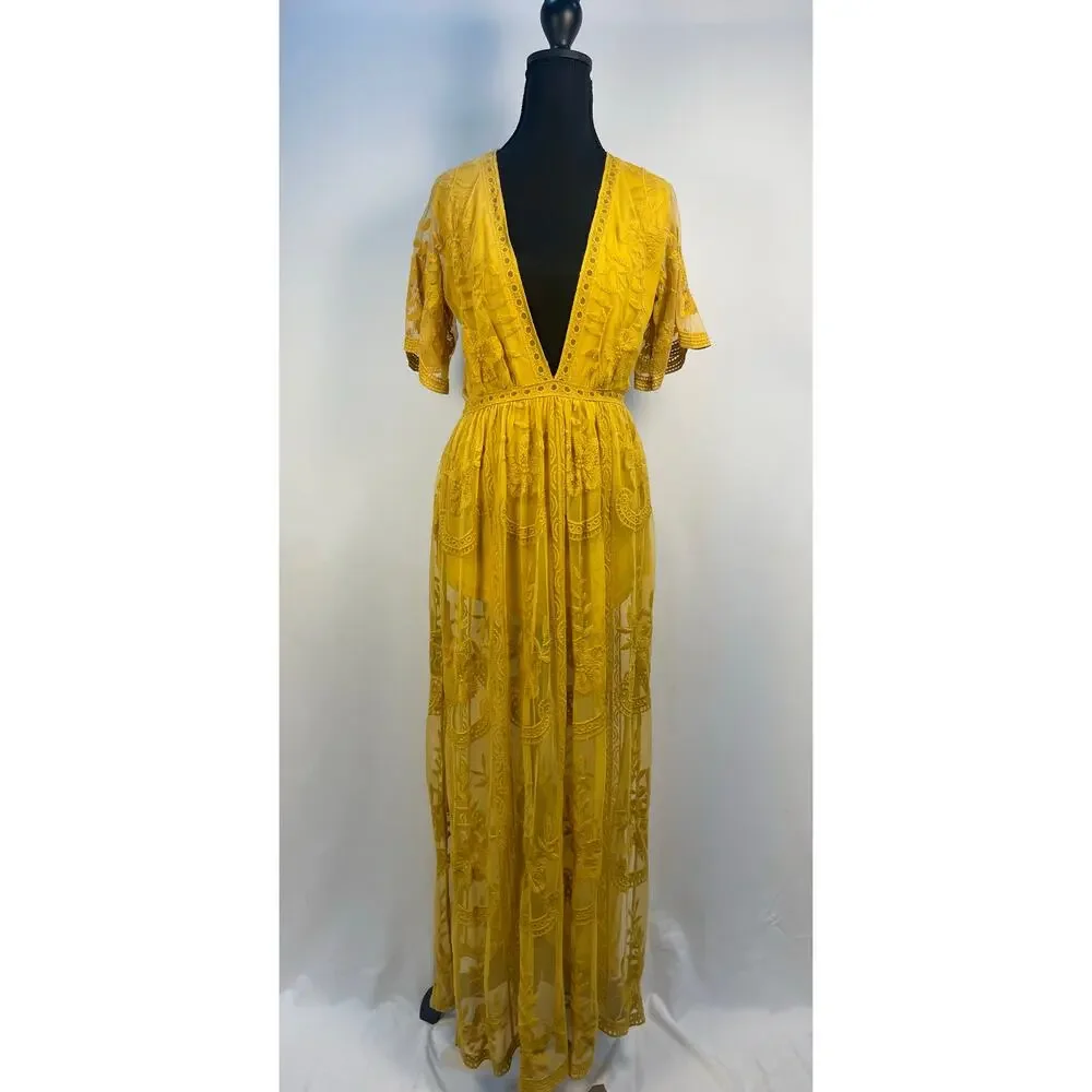 Wild Honey Mustard Yellow Lace Sheer Maxi Romper Size S - Picture 3 of 15